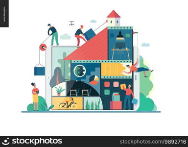 Business series, color 1 -company, teamwork, collaboration -modern flat vector illustration concept of people constructing a company Business workflow management. Creative landing page design template. Business series - company, teamwork and collaboration web template
