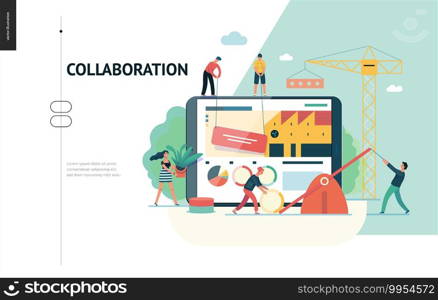 Business series, color 1 -company, teamwork, collaboration -modern flat vector illustration concept of people making web page design Business workflow management. Creative landing page design template. Business series - teamwork and collaboration web template