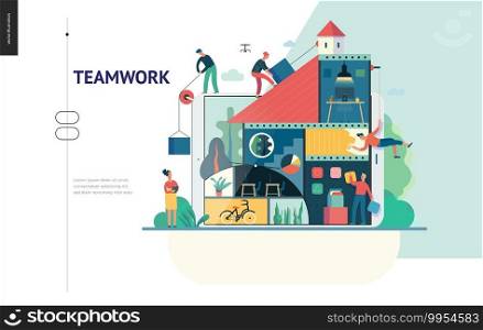 Business series, color 1 -company, teamwork, collaboration -modern flat vector illustration concept of people constructing a company Business workflow management. Creative landing page design template. Business series - company, teamwork and collaboration web template