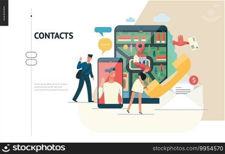 Business series, color 1 - contacts - modern flat vector illustration concept of intercommunicators. Connection ways and tools -web, phone, chat, messenger, post. Creative landing page design template. Business series - contacts web template
