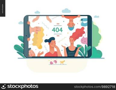 Business series, color 1- error 404 -modern flat vector concept illustration of page Error 404 - puzzled people on the tablet screen. Page not found metaphor Creative landing page design template. Business series - error 404 web template