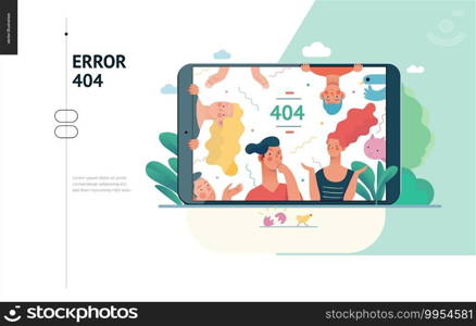 Business series, color 1- error 404 -modern flat vector concept illustration of page Error 404 - puzzled people on the tablet screen. Page not found metaphor Creative landing page design template. Business series - error 404 web template
