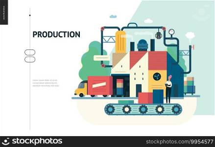 Business series, color 1 - factory production -modern flat vector illustration concept of industrial enterprise. Manufacturing and production interaction process. Creative landing page design template. Business series - production web template