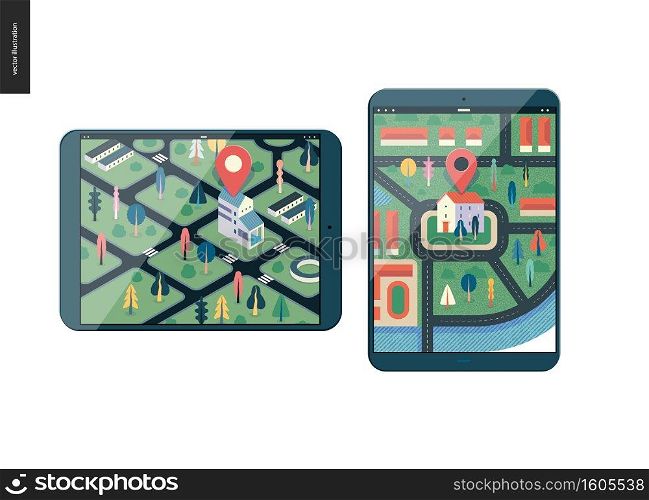 Business series, color 1 - map - modern flat vector illustration, creative concept of location. Isometric and flat maps with a marked building, streets and trees on the smartphone screens. Business series - map