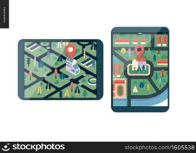 Business series, color 1 - map - modern flat vector illustration, creative concept of location. Isometric and flat maps with a marked building, streets and trees on the smartphone screens. Business series - map