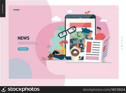 Business series, color 1 - news or articles- modern flat vector illustration concept of people reading news on various medium and tablet screen, glasses, coffee. Creative landing page design template. Business series - news or articles, web template