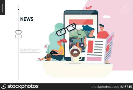 Business series, color 1 - news or articles- modern flat vector illustration concept of people reading news on various medium and tablet screen, glasses, coffee. Creative landing page design template. Business series - news or articles, web template