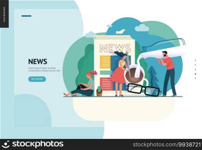 Business series, color 1 -news or articles -modern flat vector illustration concept of people preparing coffee with milk and woman reading news on phone, glasses. Creative landing page design template. Business series - news or articles, web template