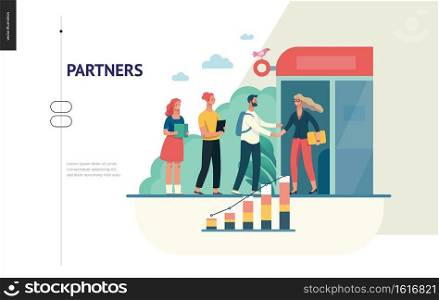 Business series, color 1 - partners -modern flat vector illustration concept of people shaking their hands in the office entrance. Business workflow management. Creative landing page design template. Business series - partners web template