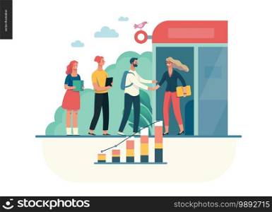 Business series, color 1 - partners -modern flat vector illustration concept of people shaking their hands in the office entrance. Business workflow management. Creative landing page design template. Business series - partners web template