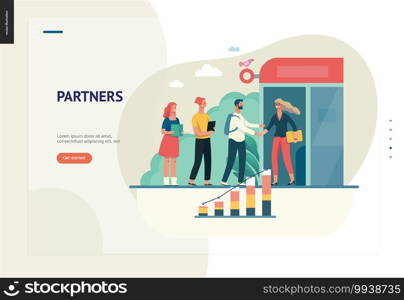 Business series, color 1 - partners -modern flat vector illustration concept of people shaking their hands in the office entrance. Business workflow management. Creative landing page design template. Business series - partners web template