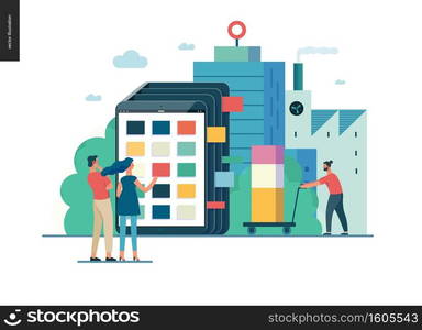 Business series, color 1 - product catalogue - modern flat vector illustration concept of customers choosing a product Website interaction and product line. Creative landing page design template. Business series - product catalogue web template