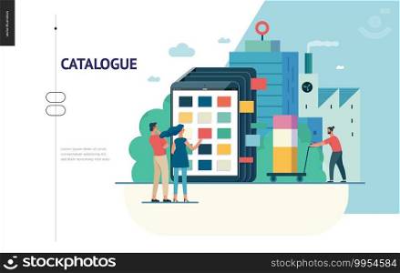 Business series, color 1 - product catalogue - modern flat vector illustration concept of customers choosing a product Website interaction and product line. Creative landing page design template. Business series - product catalogue web template
