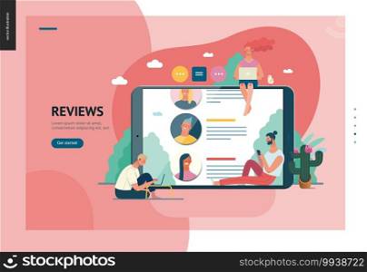 Business series, color 1 - reviews -modern flat vector illustration concept of people writing reviews and the review page on the tablet screen. Creative landing page or company product design template. Business series - reviews, web template