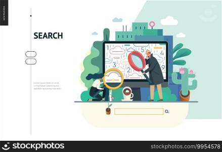 Business series, color 1 - search page - modern flat vector illustration concept of digital data research on computer. Information researching interaction process Creative landing page design template. Business series - search page web template