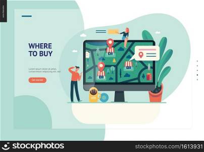 Business series, color 1 - where to buy - modern flat vector concept illustration of map, marked shops, computer screen Selling interaction and purchasing process Creative landing page design template. Business series - where to buy web template