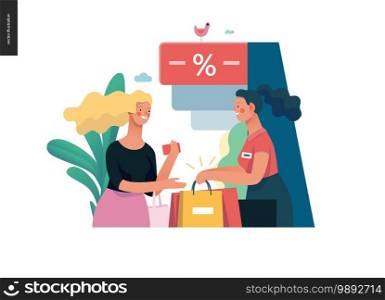 Business series, color 1 - where to buy - modern flat vector illustration concept of a customer and a shop assistant. Selling interaction and purchasing process. Creative landing page design template. Business series - where to buy web template