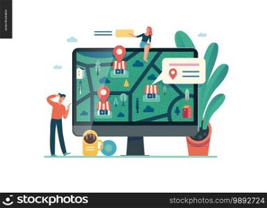 Business series, color 1 - where to buy - modern flat vector concept illustration of map, marked shops, computer screen Selling interaction and purchasing process Creative landing page design template. Business series - where to buy web template