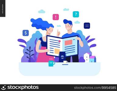 Business series, color 2 - articles - modern flat vector illustration concept of man and woman reading article on the folded computer screen like a magazine. Creative landing page design template. Business series - articles, web template
