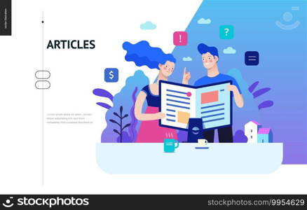 Business series, color 2 - articles - modern flat vector illustration concept of man and woman reading article on the folded computer screen like a magazine. Creative landing page design template. Business series - articles, web template