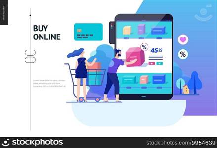 Business series, color 2 - buy online shop - modern flat vector illustration concept of man and woman shopping online Website interaction and purchasing process. Creative landing page design template. Business series - buy online shop web template