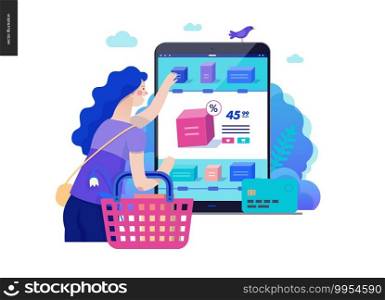 Business series, color 2 -buy online shop -modern flat vector illustration concept of woman shopping online holding basket. Website interaction -purchase process. Creative landing page design template. Business series - buy online shop web template