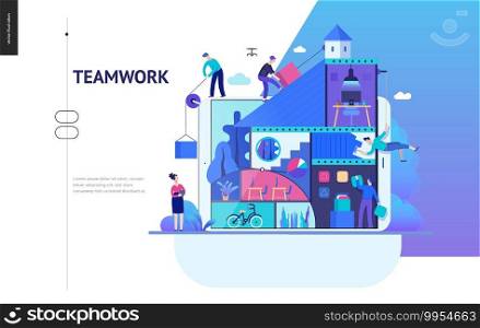 Business series, color 2 -company, teamwork, collaboration -modern flat vector illustration concept of people constructing a company Business workflow management. Creative landing page design template. Business series - company, teamwork and collaboration web template