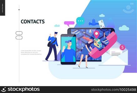 Business series, color 2 - contacts - modern flat vector illustration concept of intercommunicators. Connection ways and tools -web, phone, chat, messenger, post. Creative landing page design template. Business series - contacts web template