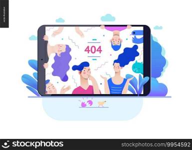 Business series, color 2- error 404 -modern flat vector concept illustration of page Error 404 - puzzled people on the tablet screen. Page not found metaphor Creative landing page design template. Business series - error 404 web template