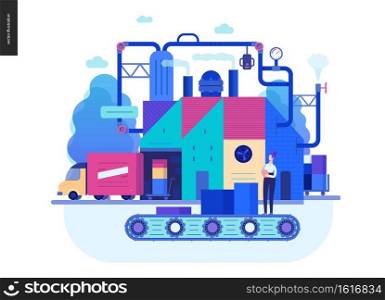 Business series, color 2 - factory production -modern flat vector illustration concept of industrial enterprise. Manufacturing and production interaction process. Creative landing page design template. Business series - production web template