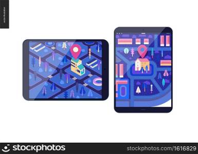 Business series, color 2 - map - modern flat vector illustration, creative concept of location. Isometric and flat maps with a marked building, streets and trees on the tablet screens. Business series - map