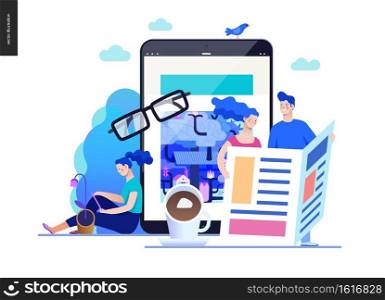 Business series, color 2 - news or articles- modern flat vector illustration concept of people reading news on various medium and tablet screen, glasses, coffee. Creative landing page design template. Business series - news or articles, web template