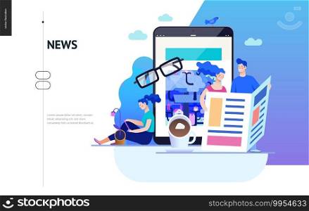 Business series, color 2 - news or articles- modern flat vector illustration concept of people reading news on various medium and tablet screen, glasses, coffee. Creative landing page design template. Business series - news or articles, web template