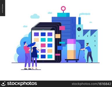 Business series, color 2 - product catalogue - modern flat vector illustration concept of customers choosing a product Website interaction and product line. Creative landing page design template. Business series - product catalogue web template