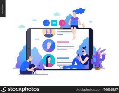 Business series, color 2 - reviews -modern flat vector illustration concept of people writing reviews and the review page on the tablet screen. Creative landing page or company product design template. Business series - reviews, web template