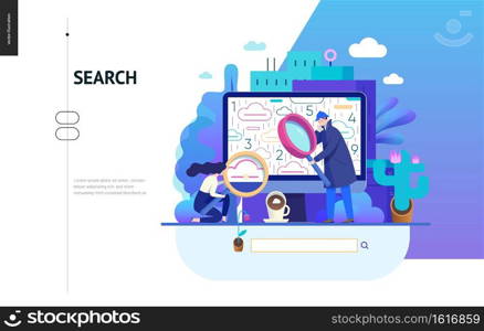 Business series, color 2 - search page - modern flat vector illustration concept of digital data research on computer. Information researching interaction process Creative landing page design template. Business series - search page web template