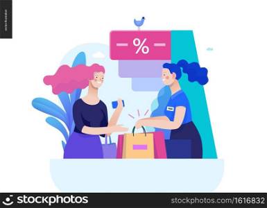 Business series, color 2 - where to buy - modern flat vector illustration concept of a customer and a shop assistant. Selling interaction and purchasing process. Creative landing page design template. Business series - where to buy web template