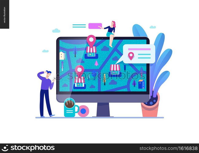 Business series, color 2 - where to buy - modern flat vector concept illustration of map, marked shops, computer screen Selling interaction and purchasing process Creative landing page design template. Business series - where to buy web template