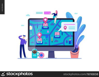 Business series, color 2 - where to buy - modern flat vector concept illustration of map, marked shops, computer screen Selling interaction and purchasing process Creative landing page design template. Business series - where to buy web template