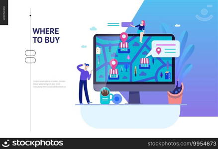Business series, color 2 - where to buy - modern flat vector concept illustration of map, marked shops, computer screen Selling interaction and purchasing process Creative landing page design template. Business series - where to buy web template