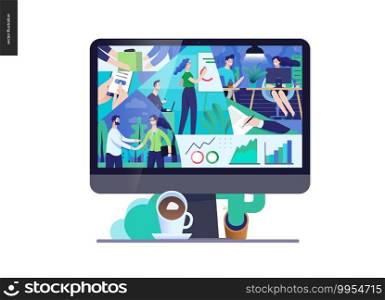 Business series, color 3- about company, office life -modern flat vector concept illustration of a company employees in workspace. Business workflow management. Creative landing page design template. Business series - about company, office life web template