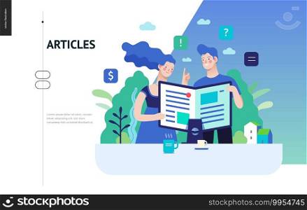 Business series, color 3 - articles - modern flat vector illustration concept of man and woman reading article on the folded computer screen like a magazine. Creative landing page design template. Business series - articles, web template