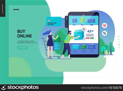 Business series, color 3 - buy online shop - modern flat vector illustration concept of man and woman shopping online Website interaction and purchasing process. Creative landing page design template. Business series - buy online shop web template