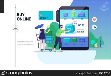 Business series, color 3 - buy online shop - modern flat vector illustration concept of man and woman shopping online Website interaction and purchasing process. Creative landing page design template. Business series - buy online shop web template