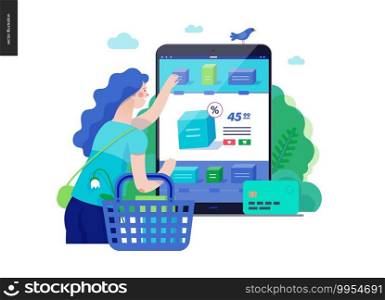 Business series, color 3 -buy online shop -modern flat vector illustration concept of woman shopping online holding basket. Website interaction -purchase process. Creative landing page design template. Business series - buy online shop web template