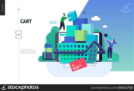 Business series, color 3- cart - modern flat vector illustration concept of online shop - people placing boxes into the cart. Purchase cart and shopping process. Creative landing page design template. Business series - cart web template