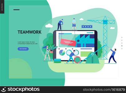 Business series, color 3 -company, teamwork, collaboration -modern flat vector illustration concept of people making web page design Business workflow management. Creative landing page design template. Business series - teamwork and collaboration web template