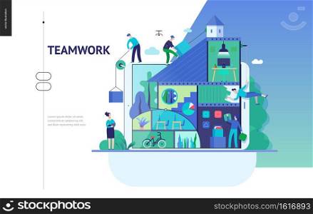 Business series, color 3 -company, teamwork, collaboration -modern flat vector illustration concept of people constructing a company Business workflow management. Creative landing page design template. Business series - company, teamwork and collaboration web template
