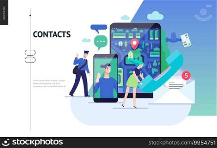 Business series, color 3 - contacts - modern flat vector illustration concept of intercommunicators. Connection ways and tools -web, phone, chat, messenger, post. Creative landing page design template. Business series - contacts web template