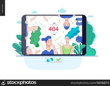 Business series, color 3 - error 404 -modern flat vector concept illustration of page Error 404 - puzzled people on the tablet screen. Page not found metaphor Creative landing page design template. Business series - error 404 web template